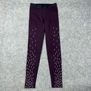 Nike Pro Leggings Womens Small Purple Linear Rain Print Reflective Warm Stretch‎